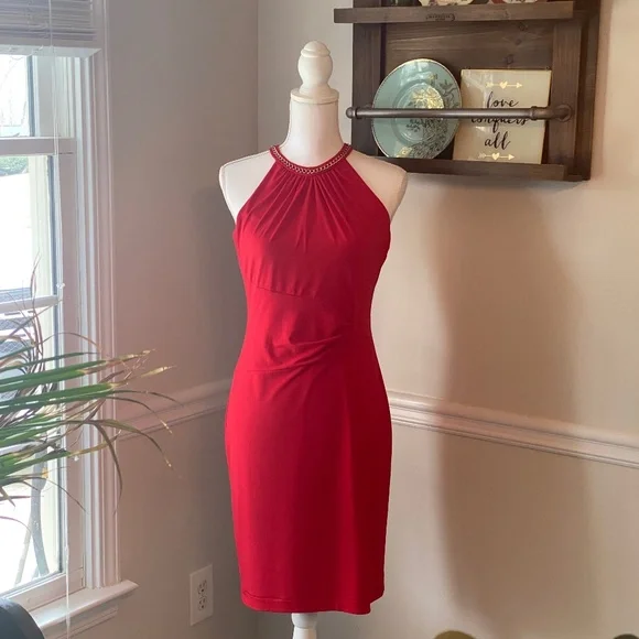 calvin klein red cocktail dress Calvin Klein Red Short Sleeve Sheath Dress
